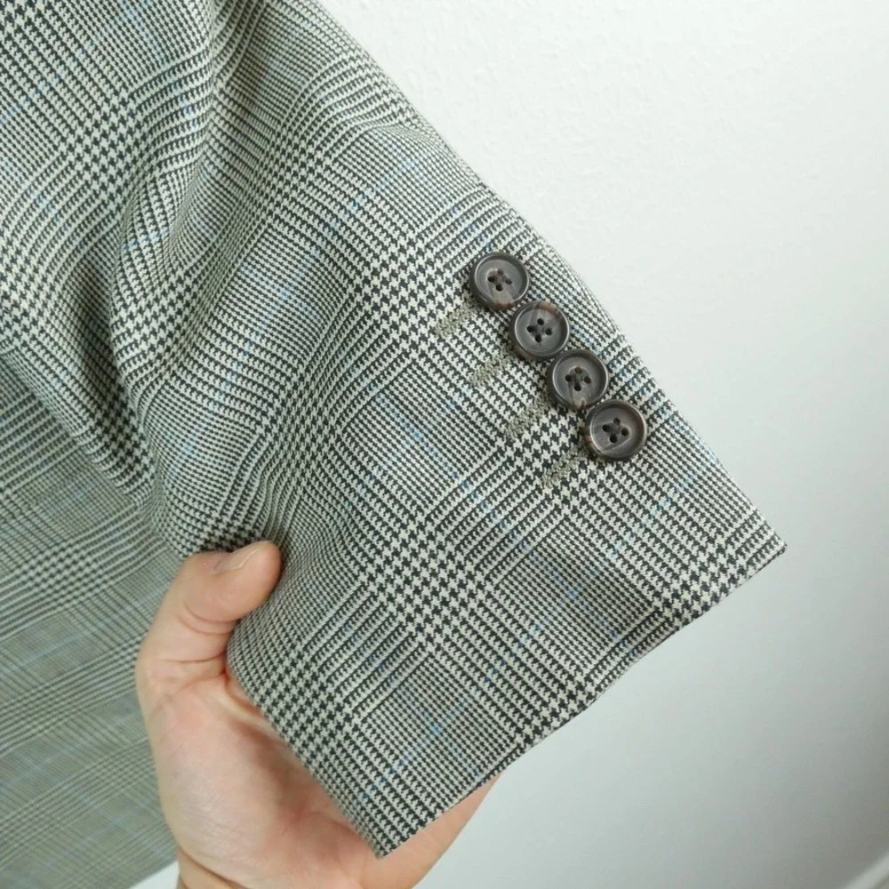 Ralph Ralph Lauren Silk Wool Glen Plaid Sport Coat Blazer Grey Blue 40L Preppy